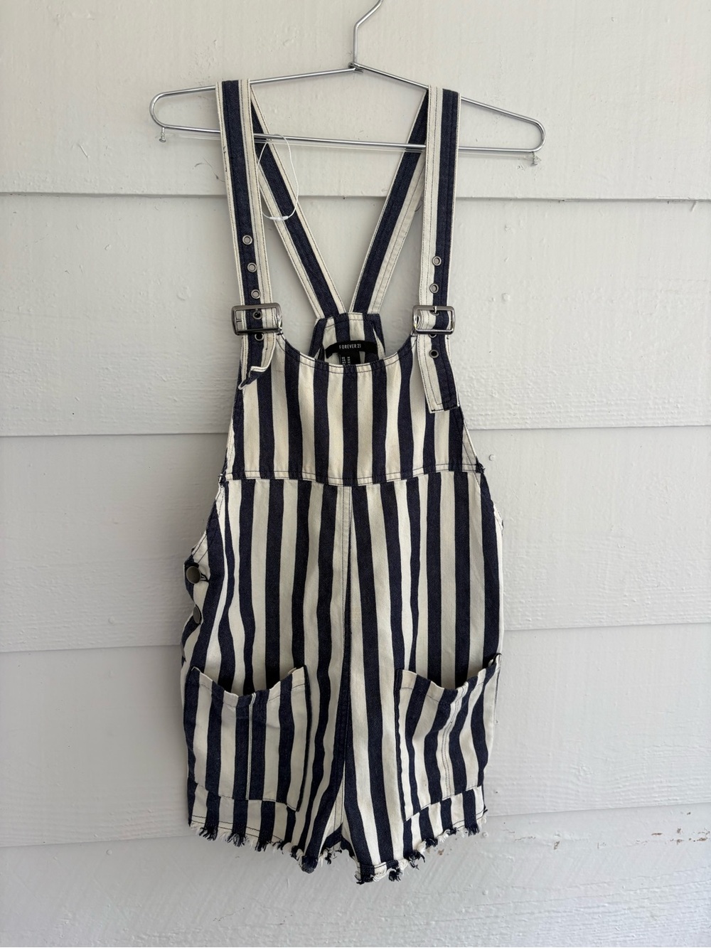 Forever 21 Striped Short Overalls Medium Navy Cream Denim Romper Nautical